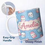 Personalized Custom Name Cute Kawaii Sweet Sugar Jars with Bows Soft Blue Background 11oz Ceramic Coffee Tea Mug White Large Handle