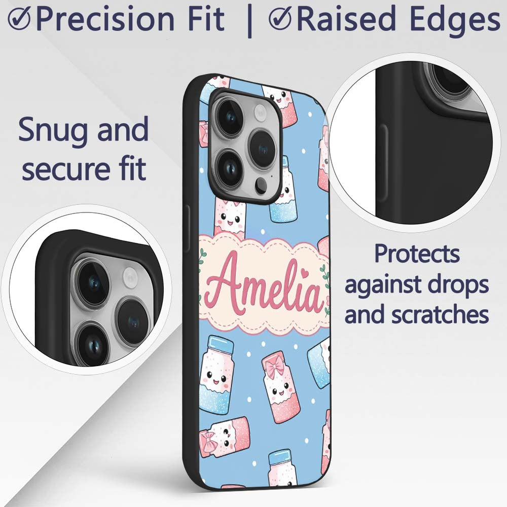 Cute Kawaii Sweet Sugar Jars with Bows Soft Blue Custom Name Protective Phone Case Mobile Cover Durable Everyday Smartphone Shock Resistant