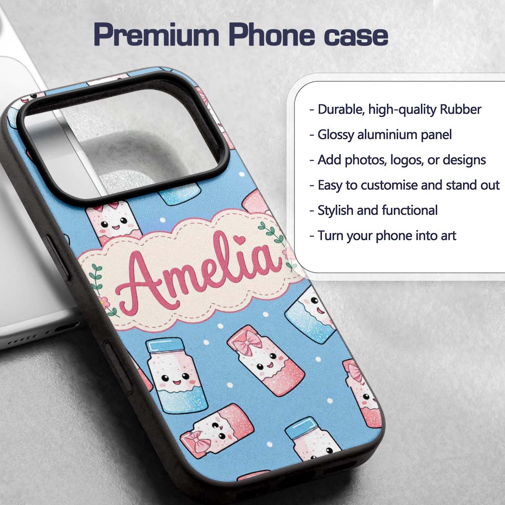 Cute Kawaii Sweet Sugar Jars with Bows Soft Blue Custom Name Protective Phone Case Mobile Cover Durable Everyday Smartphone Shock Resistant