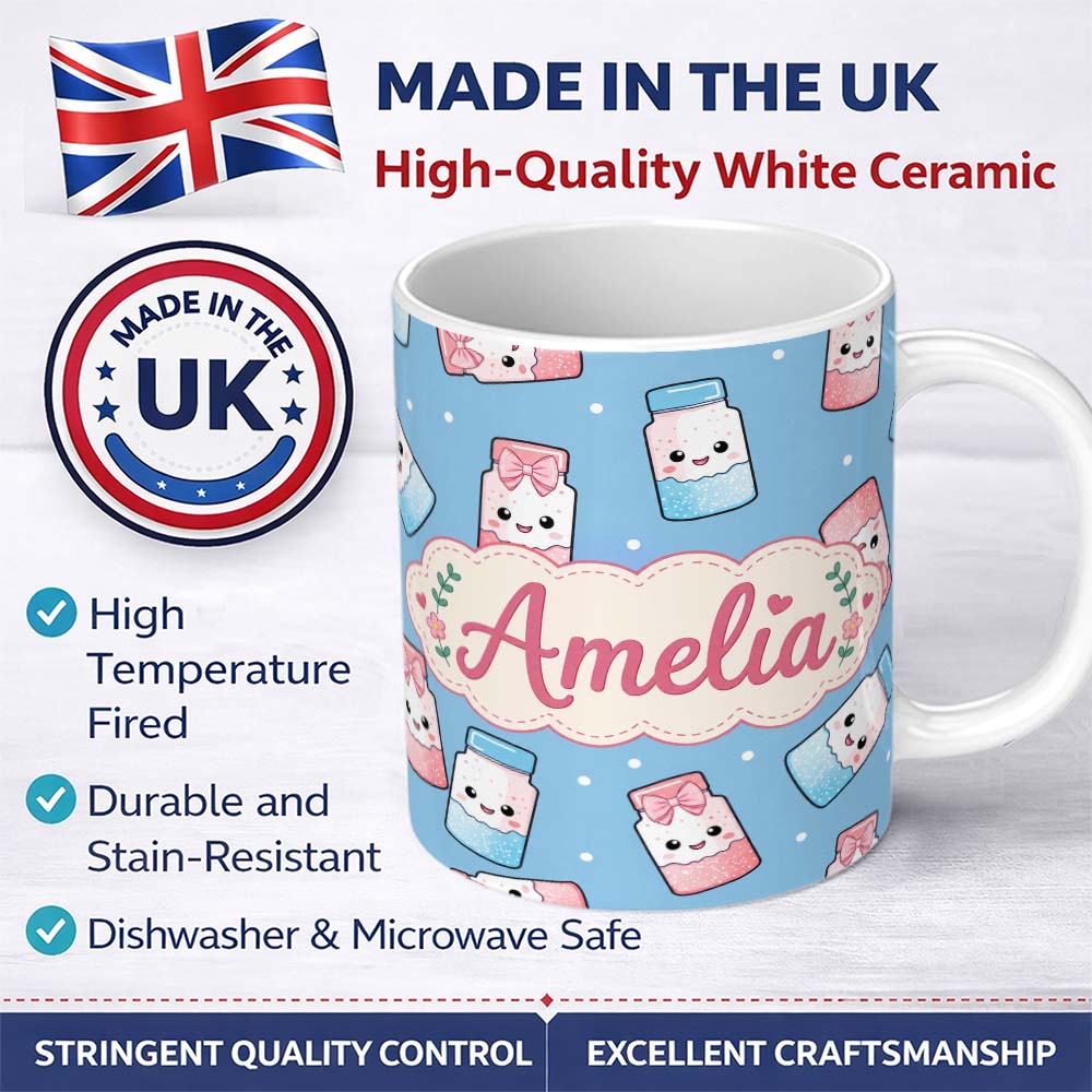 Personalized Custom Name Cute Kawaii Sweet Sugar Jars with Bows Soft Blue Background 11oz Ceramic Coffee Tea Mug White Large Handle