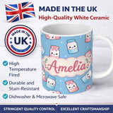 Personalized Custom Name Cute Kawaii Sweet Sugar Jars with Bows Soft Blue Background 11oz Ceramic Coffee Tea Mug White Large Handle