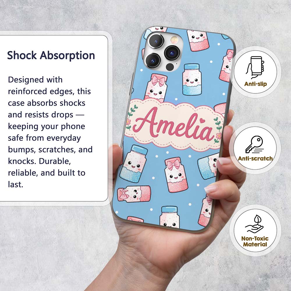 Cute Kawaii Sweet Sugar Jars with Bows Soft Blue Custom Name Protective Phone Case Mobile Cover Durable Everyday Smartphone Shock Resistant