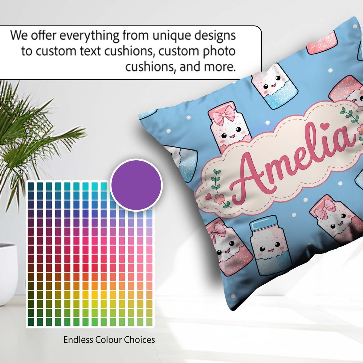 Custom Name Cute Sweet Sugar Jars with Bows Soft Blue Background Square Filled Cushion Throw Pillow Sofa Bed Home Decor Zip Washable UK Made