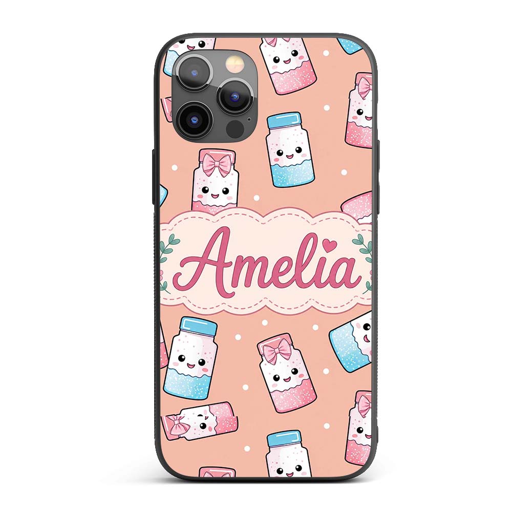 Cute Kawaii Sweet Sugar Jars with Bows Peach Custom Name Protective Phone Case Mobile Cover Durable Everyday Smartphone Shock Resistant