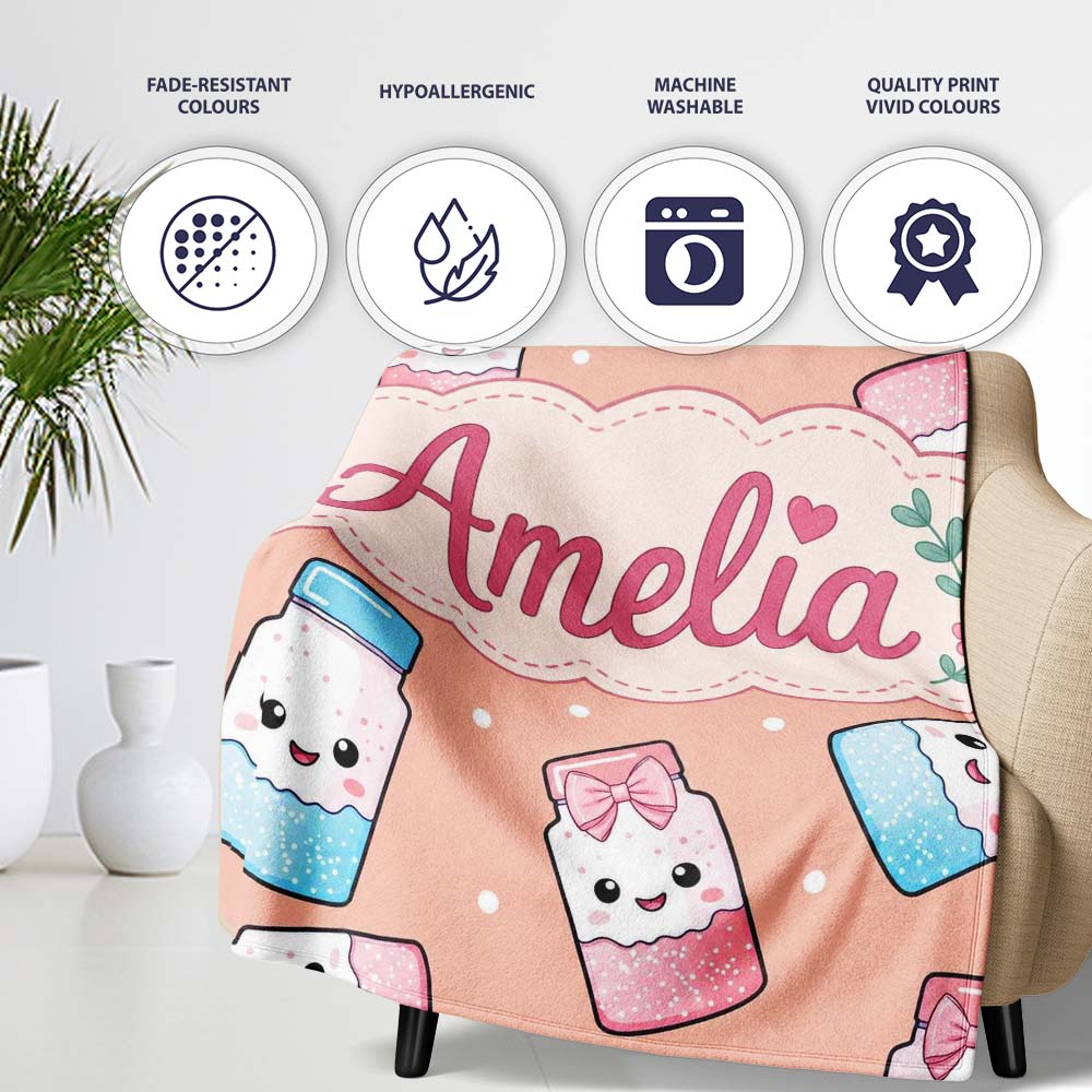 Cute Kawaii Sweet Sugar Jars with Bows Peach Background Seamless  Personalised Custom Name Super Soft Fleece Blanket Bed Sofa Throw