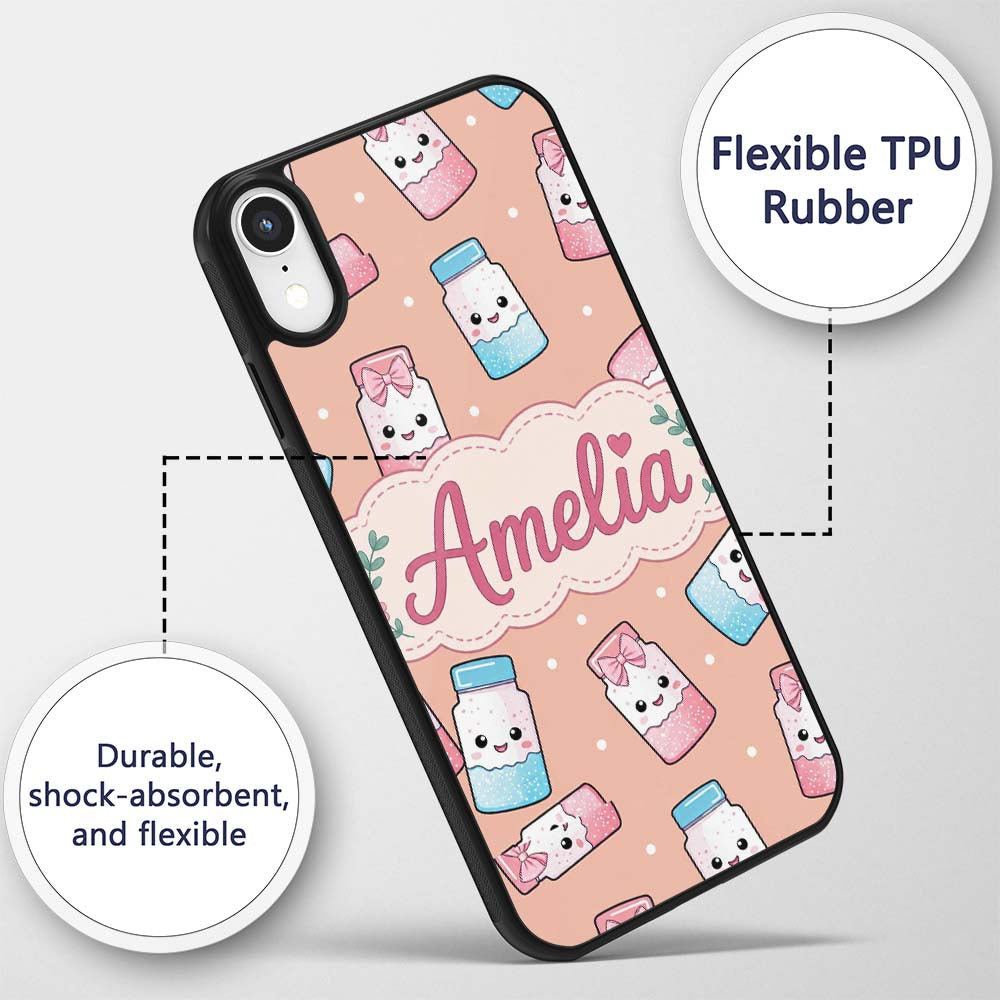 Cute Kawaii Sweet Sugar Jars with Bows Peach Custom Name Protective Phone Case Mobile Cover Durable Everyday Smartphone Shock Resistant