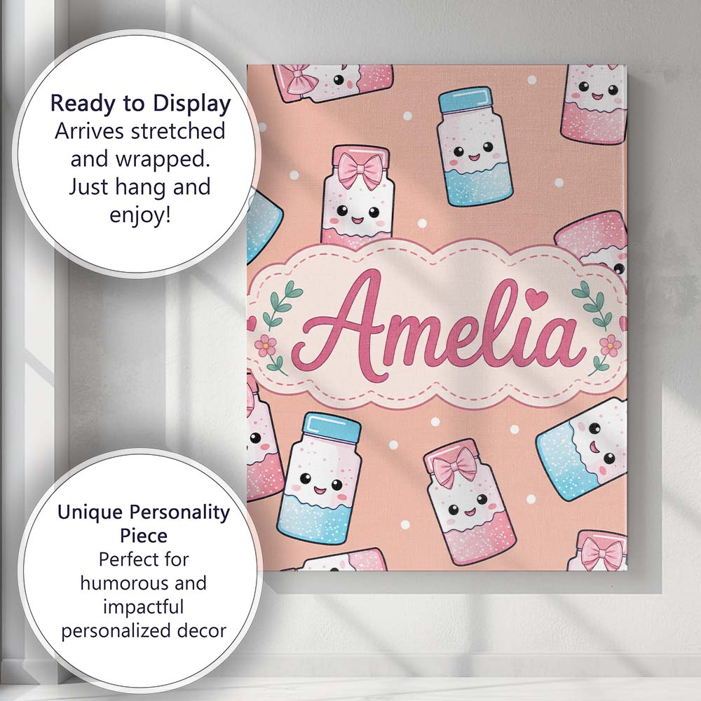 Personalised Name Cute Kawaii Sweet Sugar Custom  Unique Gift Idea Elegant Feature Canvas Wall Art Print Decor Picture Ready to Hang