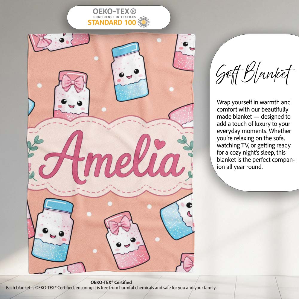 Cute Kawaii Sweet Sugar Jars with Bows Peach Background Seamless  Personalised Custom Name Super Soft Fleece Blanket Bed Sofa Throw