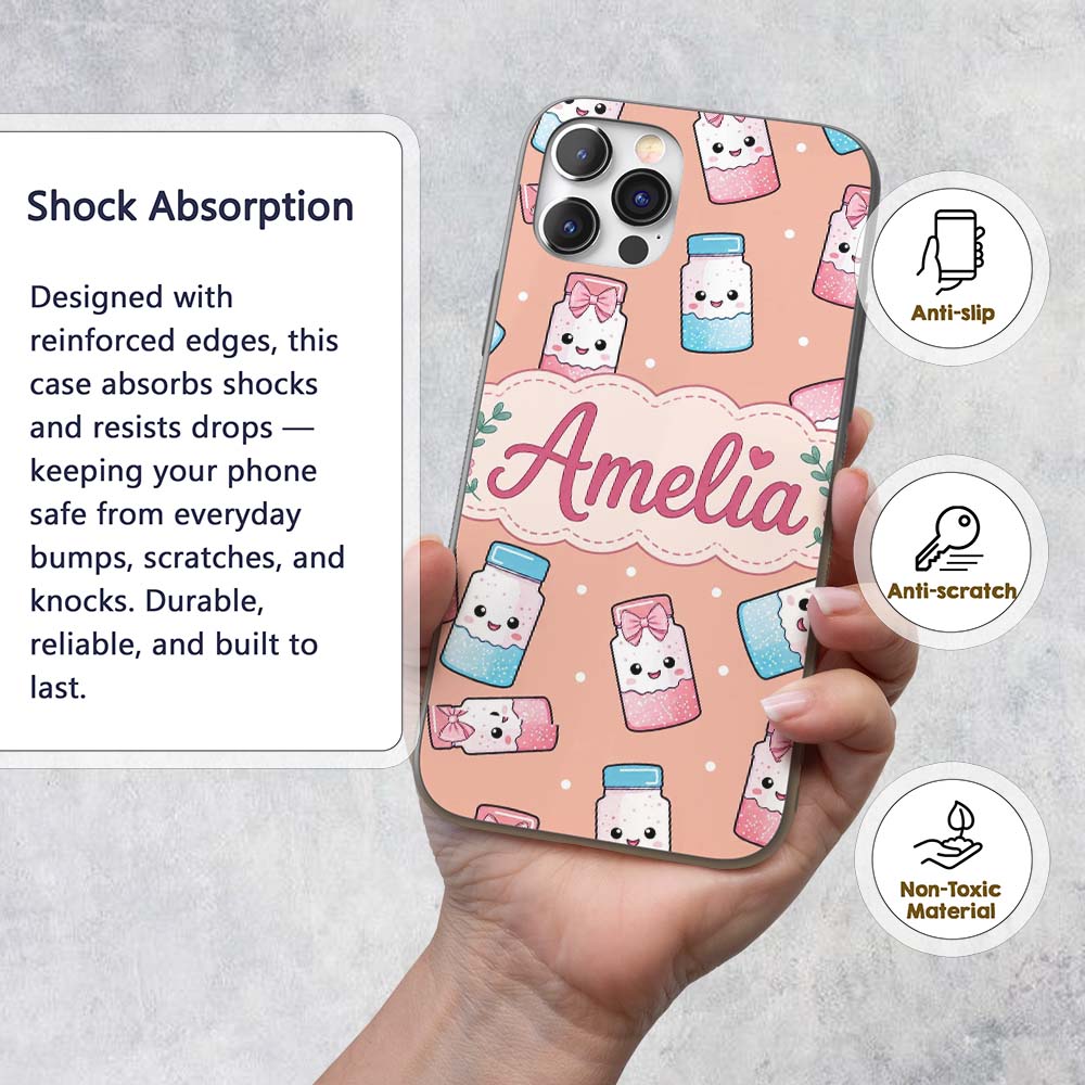 Cute Kawaii Sweet Sugar Jars with Bows Peach Custom Name Protective Phone Case Mobile Cover Durable Everyday Smartphone Shock Resistant