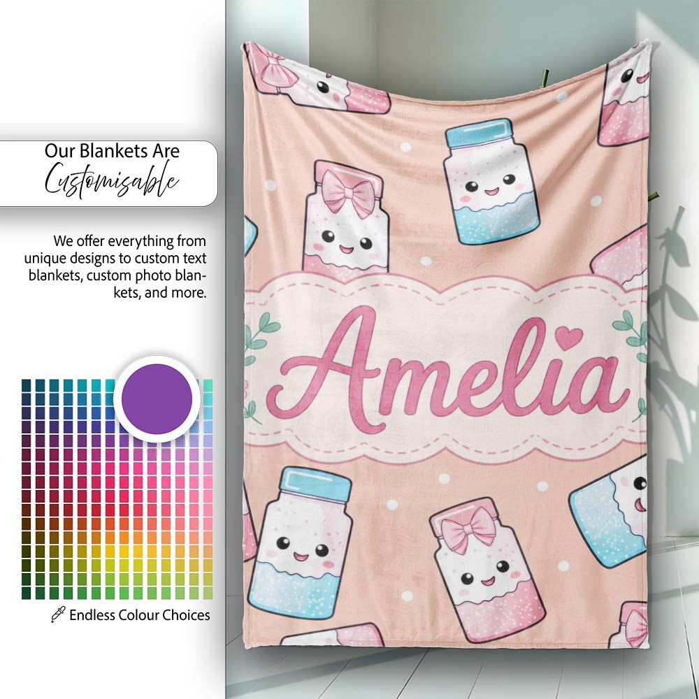 Cute Kawaii Sweet Sugar Jars with Bows Peach Background Seamless  Personalised Custom Name Super Soft Fleece Blanket Bed Sofa Throw