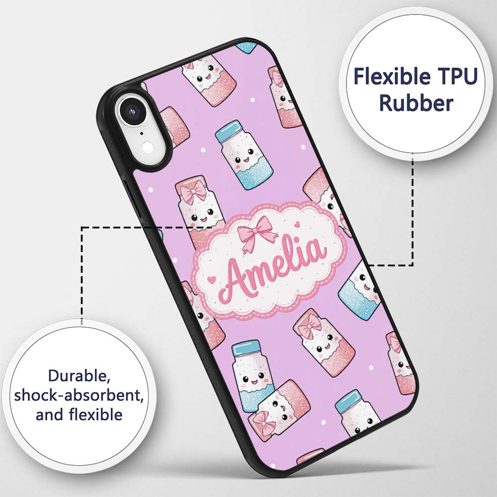 Cute Kawaii Sweet Sugar Jars with Bows Purple Custom Name Protective Phone Case Mobile Cover Durable Everyday Smartphone Shock Resistant