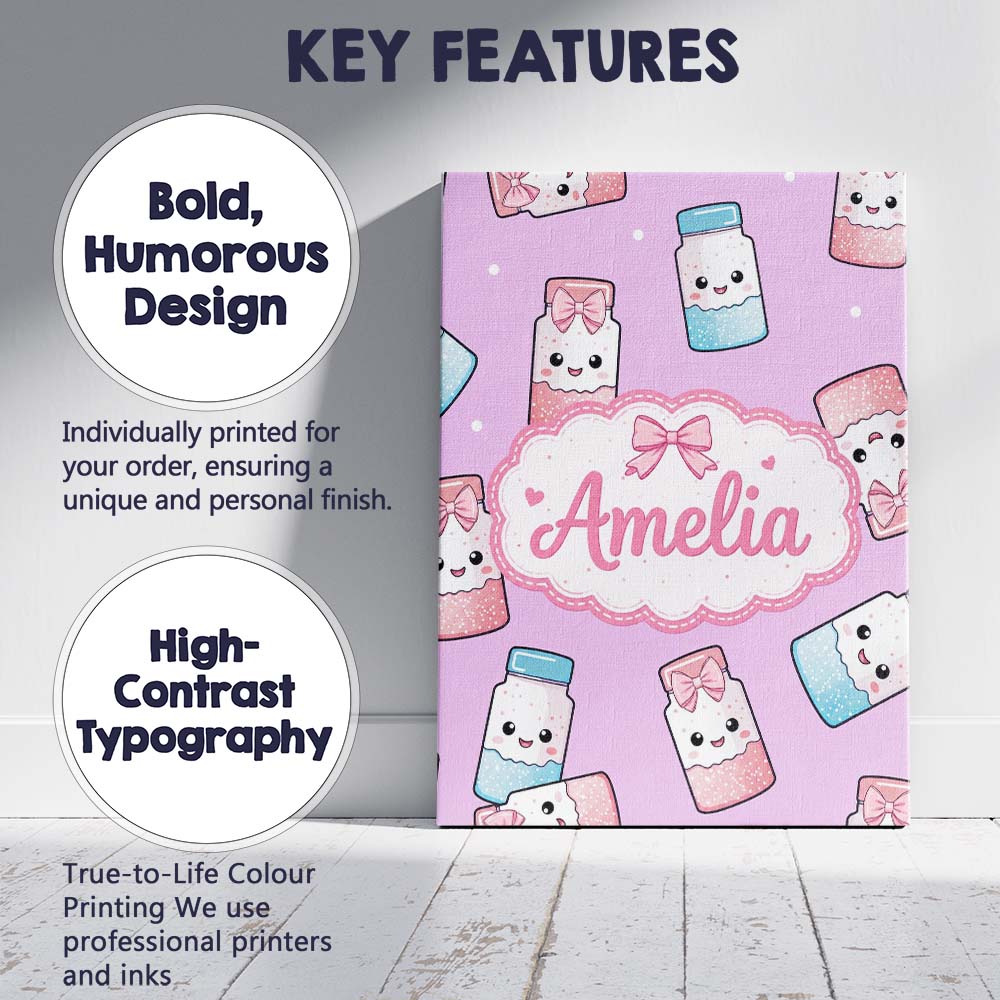 Personalised Name Cute Kawaii Sweet Sugar Custom  Unique Gift Idea Elegant Feature Canvas Wall Art Print Decor Picture Ready to Hang