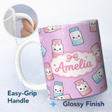 Personalized Custom Name Cute Kawaii Sweet Sugar Jars with Bows Purple Background Seamless 11oz Ceramic Coffee Tea Mug White Large Handle