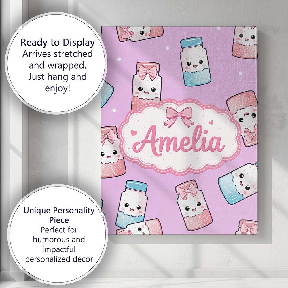 Personalised Name Cute Kawaii Sweet Sugar Custom  Unique Gift Idea Elegant Feature Canvas Wall Art Print Decor Picture Ready to Hang