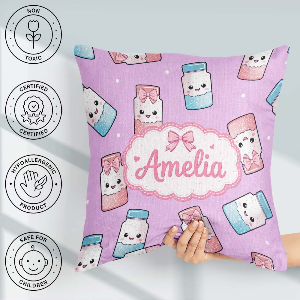 Custom Name Kawaii Sweet Sugar Jars with Bows Purple Background Square Filled Cushion Throw Pillow Sofa Bed Home Decor Zip Washable UK Made