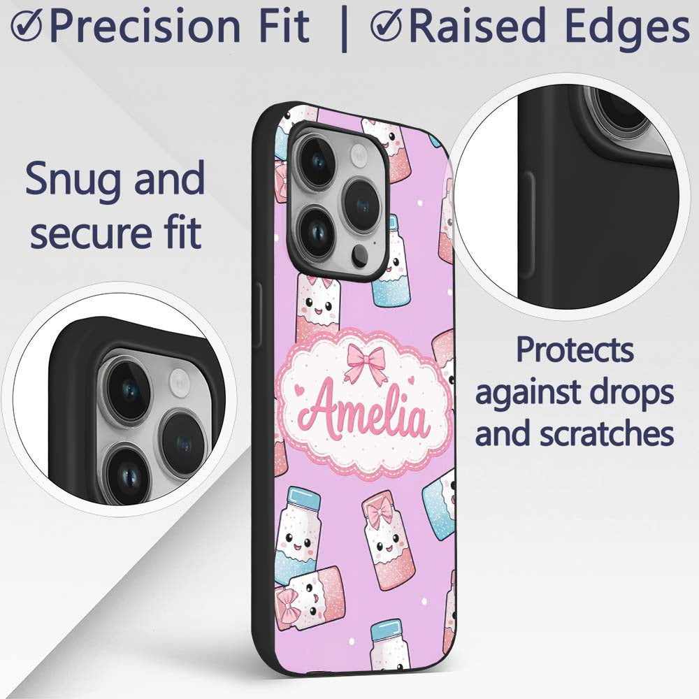 Cute Kawaii Sweet Sugar Jars with Bows Purple Custom Name Protective Phone Case Mobile Cover Durable Everyday Smartphone Shock Resistant