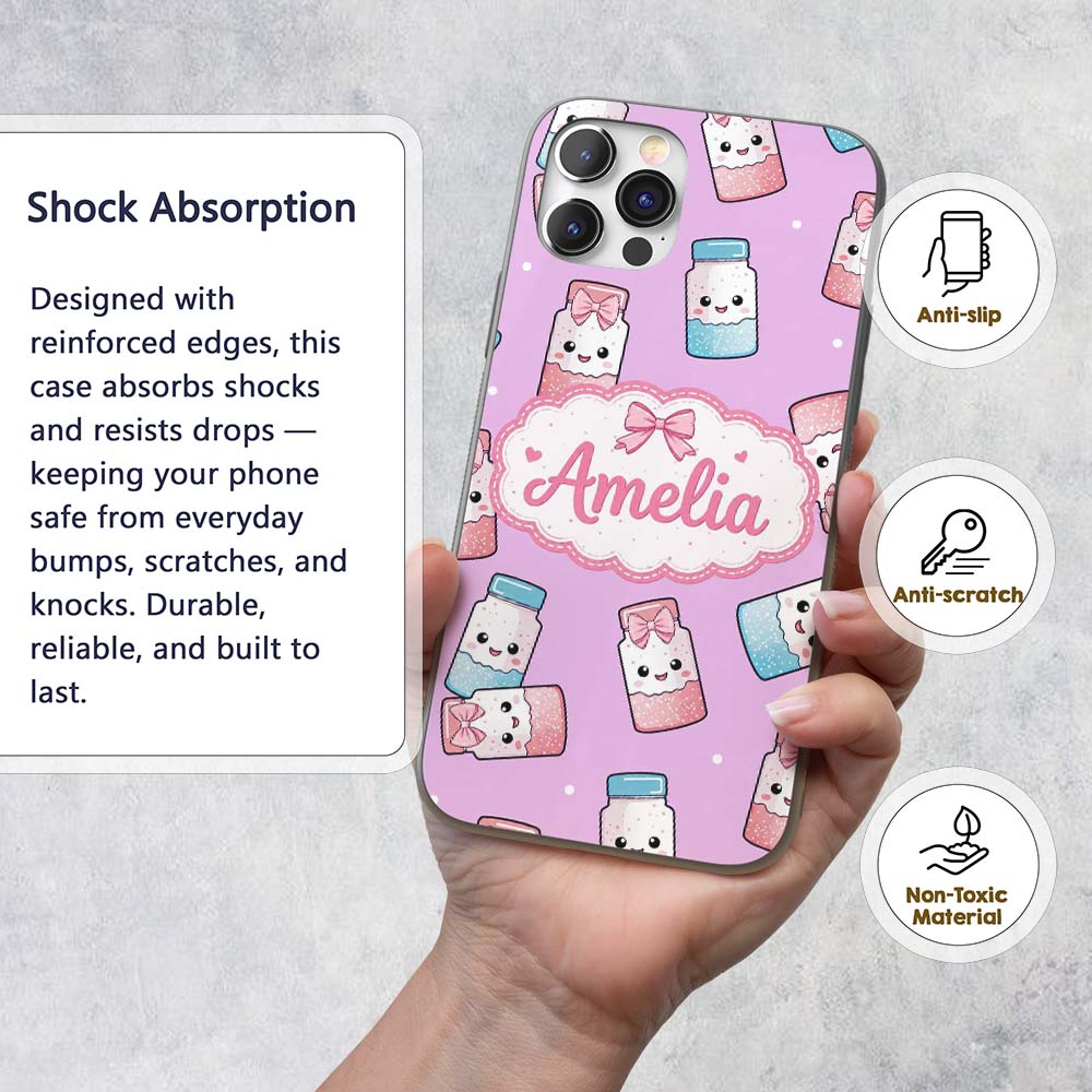 Cute Kawaii Sweet Sugar Jars with Bows Purple Custom Name Protective Phone Case Mobile Cover Durable Everyday Smartphone Shock Resistant