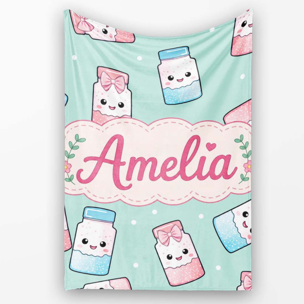 Cute Kawaii Sweet Sugar Jars with Bows Mint Green Background  Personalised Custom Name Super Soft Fleece Blanket Bed Sofa Throw