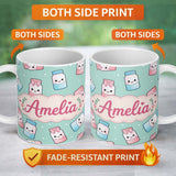 Personalized Custom Name Cute Kawaii Sweet Sugar Jars with Bows Mint Green Background 11oz Ceramic Coffee Tea Mug White Large Handle