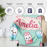 Cute Kawaii Sweet Sugar Jars with Bows Mint Green Background  Personalised Custom Name Super Soft Fleece Blanket Bed Sofa Throw