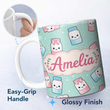 Personalized Custom Name Cute Kawaii Sweet Sugar Jars with Bows Mint Green Background 11oz Ceramic Coffee Tea Mug White Large Handle
