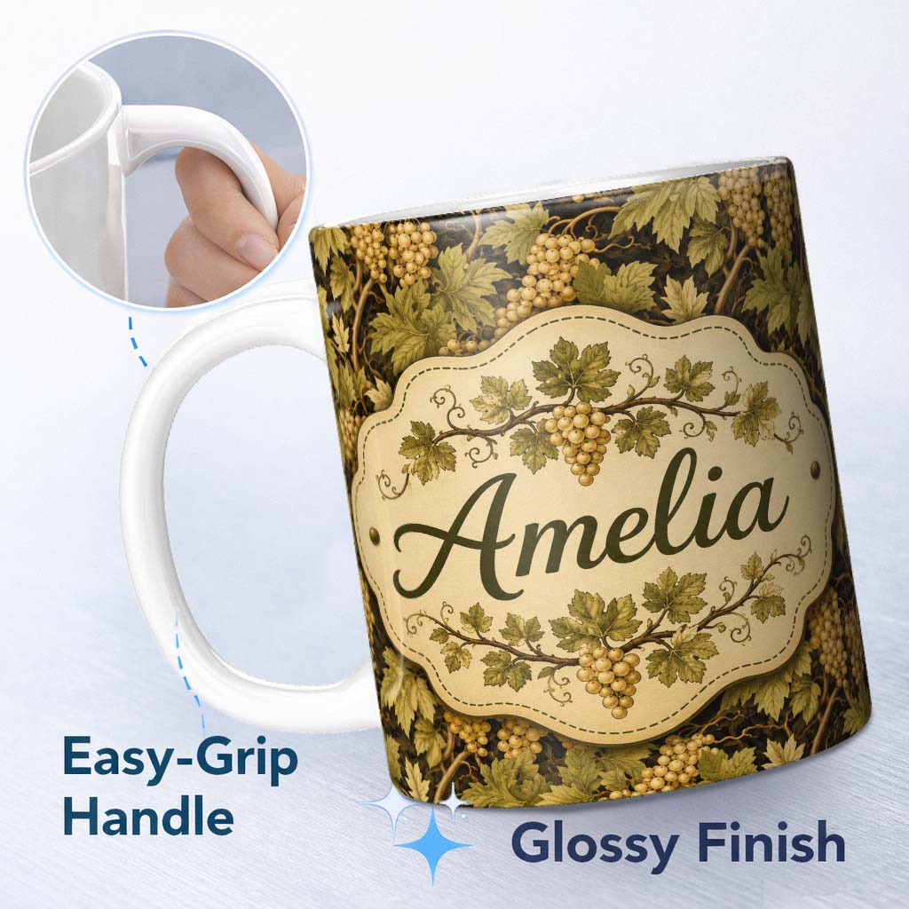 Personalized Custom Name Vintage Vineyard Grapes and Leaves on Dark Background Seamless 11oz Ceramic Coffee Tea Mug White Large Handle