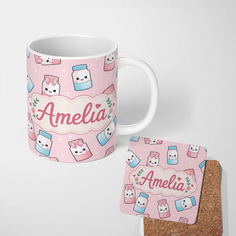 Personalized Custom Name Cute Kawaii Sweet Sugar Jars with Bows Soft Beige Background 11oz Ceramic Coffee Tea Mug White Large Handle
