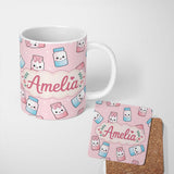 Personalized Custom Name Cute Kawaii Sweet Sugar Jars with Bows Soft Beige Background 11oz Ceramic Coffee Tea Mug White Large Handle