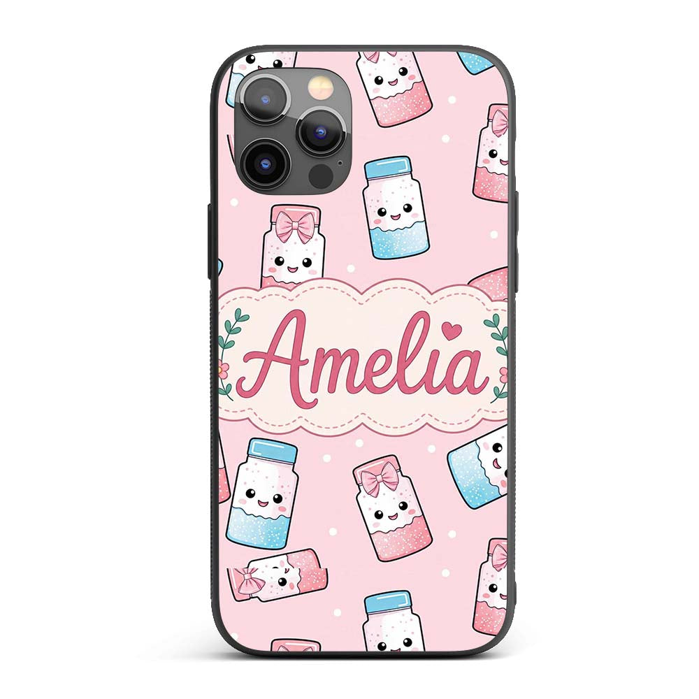 Cute Kawaii Sweet Sugar Jars with Bows Soft Beige Custom Name Protective Phone Case Mobile Cover Durable Everyday Smartphone Shock Resistant