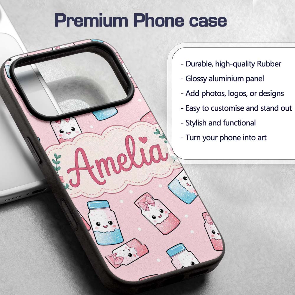 Cute Kawaii Sweet Sugar Jars with Bows Soft Beige Custom Name Protective Phone Case Mobile Cover Durable Everyday Smartphone Shock Resistant