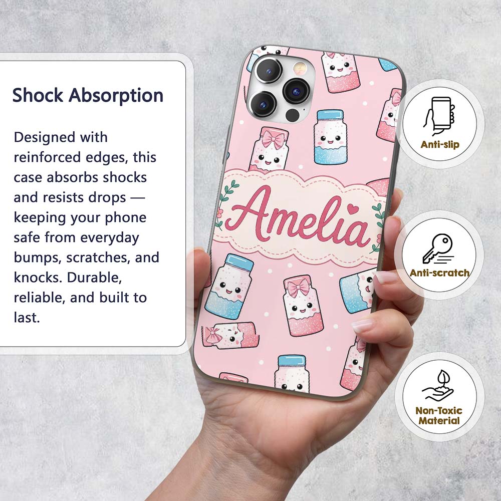 Cute Kawaii Sweet Sugar Jars with Bows Soft Beige Custom Name Protective Phone Case Mobile Cover Durable Everyday Smartphone Shock Resistant