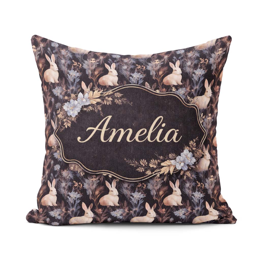 Custom Name Dark Floral Woodland Rabbit Seamless Pattern for Her Square Filled Cushion Throw Pillow Sofa Bed Home Decor Zip Washable UK Made