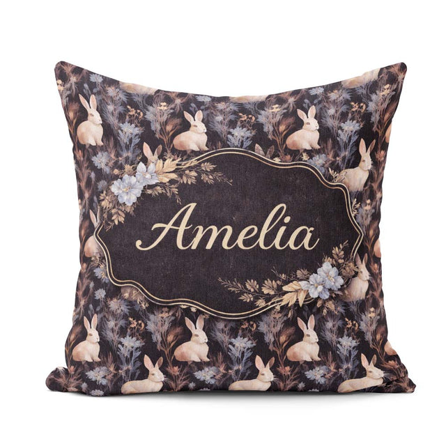 Custom Name Dark Floral Woodland Rabbit Seamless Pattern for Her Square Filled Cushion Throw Pillow Sofa Bed Home Decor Zip Washable UK Made