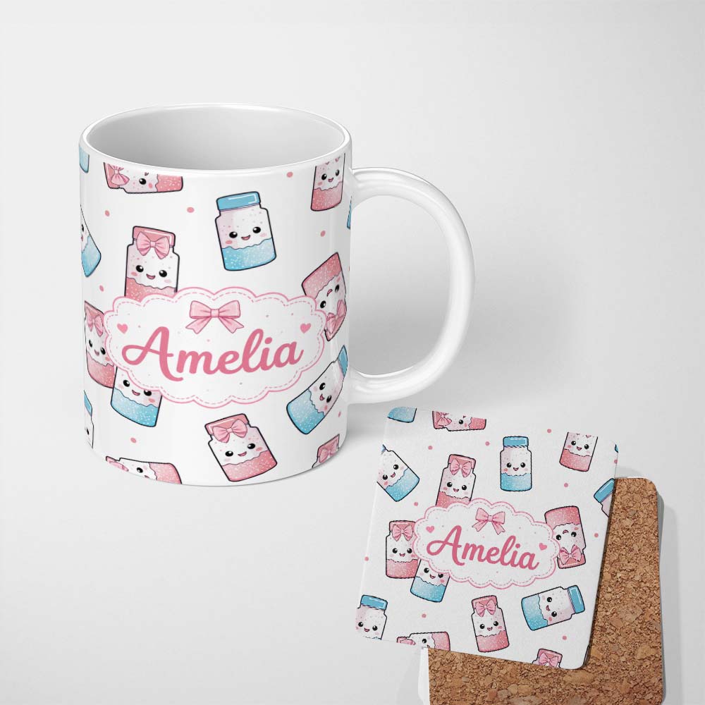 Personalized Custom Name Kawaii Sweet Sugar Jars with Bows Light Grey Polka Background 11oz Ceramic Coffee Tea Mug White Large Handle
