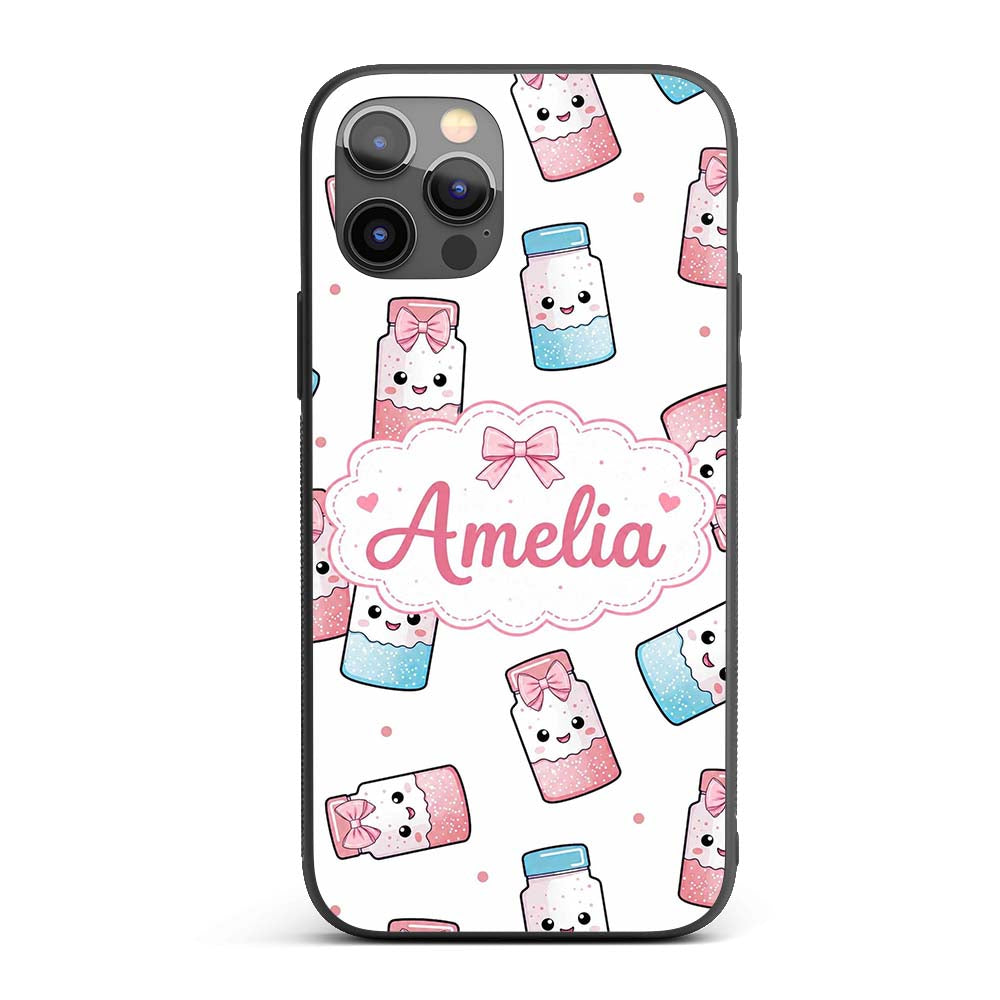 Kawaii Sweet Sugar Jars with Bows Light Grey Custom Name Protective Phone Case Mobile Cover Durable Everyday Smartphone Shock Resistant