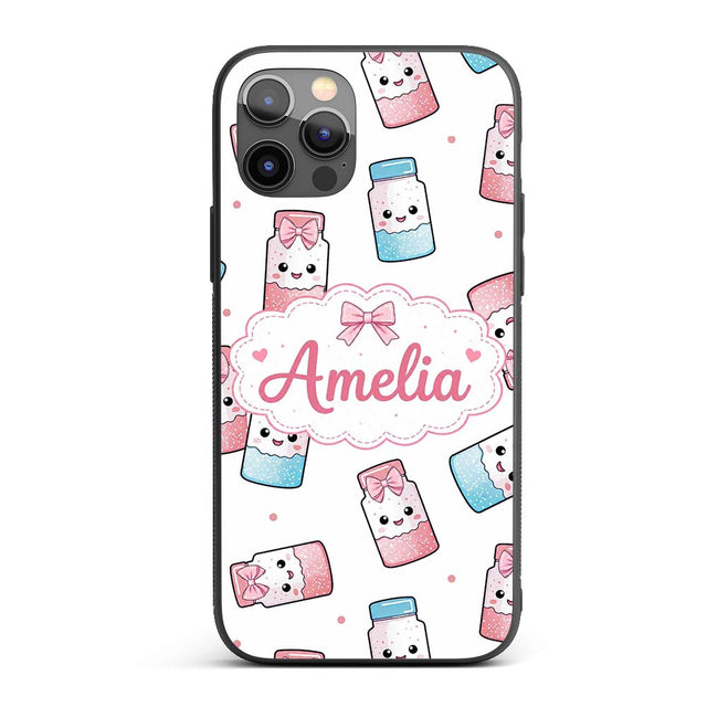 Kawaii Sweet Sugar Jars with Bows Light Grey Custom Name Protective Phone Case Mobile Cover Durable Everyday Smartphone Shock Resistant