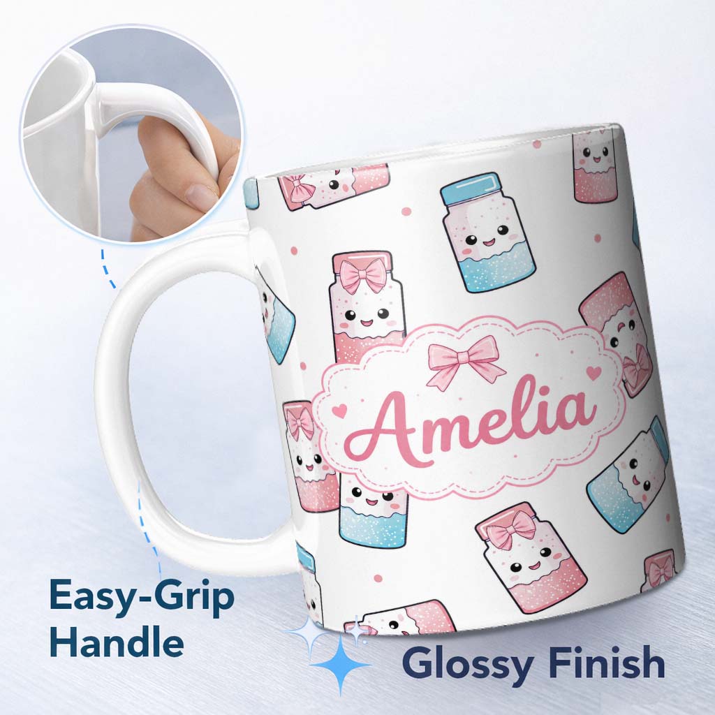 Personalized Custom Name Kawaii Sweet Sugar Jars with Bows Light Grey Polka Background 11oz Ceramic Coffee Tea Mug White Large Handle