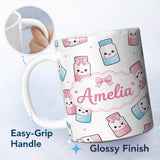 Personalized Custom Name Kawaii Sweet Sugar Jars with Bows Light Grey Polka Background 11oz Ceramic Coffee Tea Mug White Large Handle