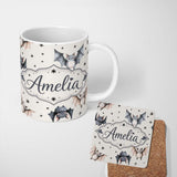 Personalized Custom Name Cute Watercolor Bats and Stars Seamless Pattern Light Neutral Lovely 11oz Ceramic Coffee Tea Mug White Large Handle