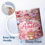 Personalized Custom Name Cute Teddy Bear Cupid Cakes Hearts Flowers Valentine Kawaii Pink 11oz Ceramic Coffee Tea Mug White Large Handle