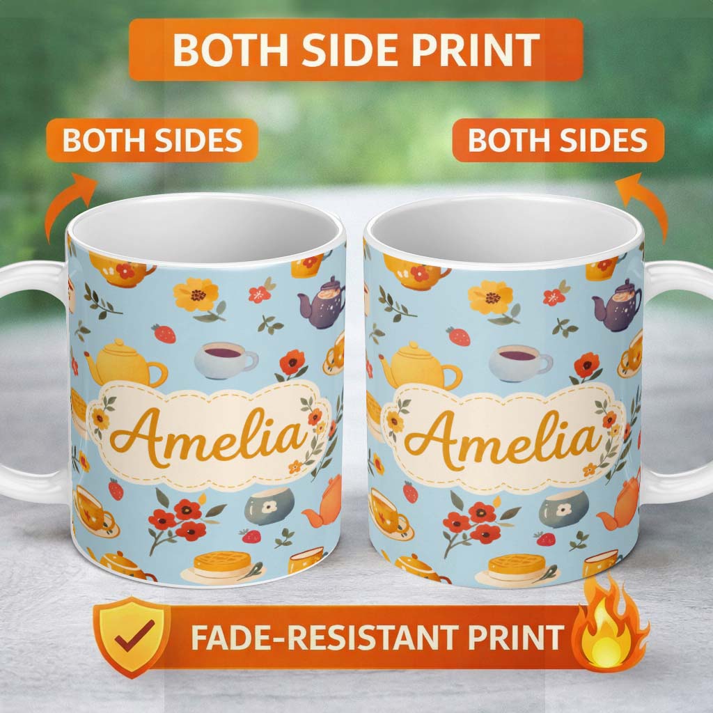 Personalized Custom Name Cute Vintage Teapots Cups Flowers Blue Background Seamless Pattern 11oz Ceramic Coffee Tea Mug White Large Handle