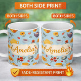 Personalized Custom Name Cute Vintage Teapots Cups Flowers Blue Background Seamless Pattern 11oz Ceramic Coffee Tea Mug White Large Handle