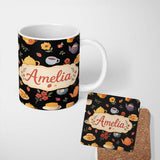 Personalized Custom Name Cute Vintage Teapots Cups Flowers Black Background Seamless Pattern 11oz Ceramic Coffee Tea Mug White Large Handle