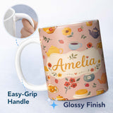 Personalized Custom Name Cute Vintage Teapots Cups Flowers Peach Background Seamless Pattern 11oz Ceramic Coffee Tea Mug White Large Handle