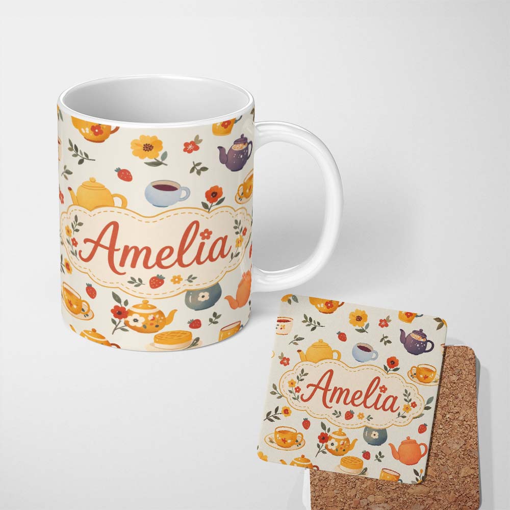 Personalized Custom Name Cute Vintage Teapots Cups Flowers Cream Background Seamless Pattern 11oz Ceramic Coffee Tea Mug White Large Handle