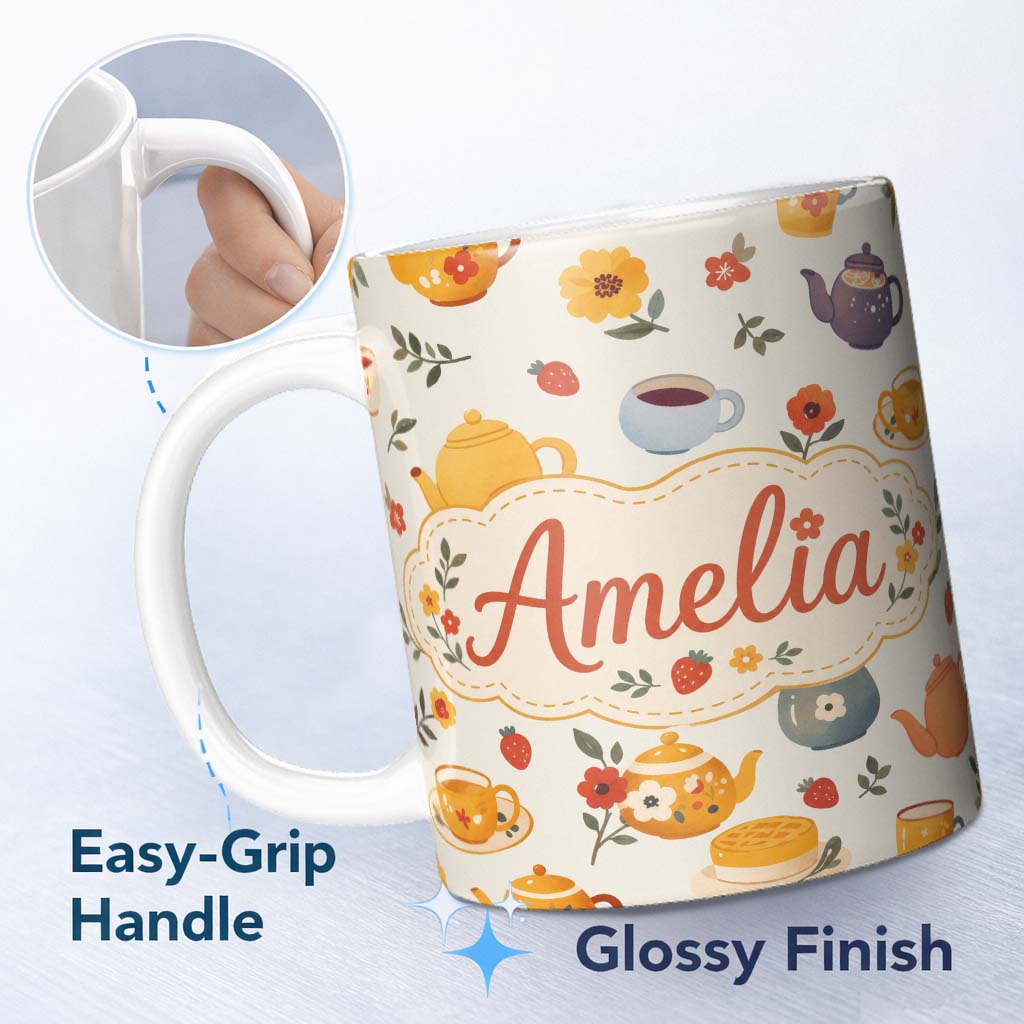 Personalized Custom Name Cute Vintage Teapots Cups Flowers Cream Background Seamless Pattern 11oz Ceramic Coffee Tea Mug White Large Handle