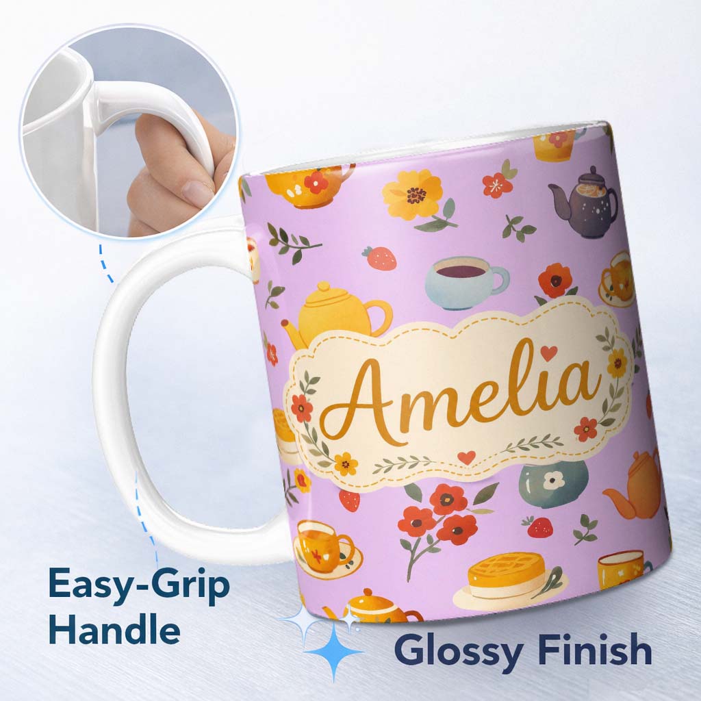 Personalized Custom Name Cute Vintage Teapots Cups Flowers Lilac Background Seamless Pattern 11oz Ceramic Coffee Tea Mug White Large Handle