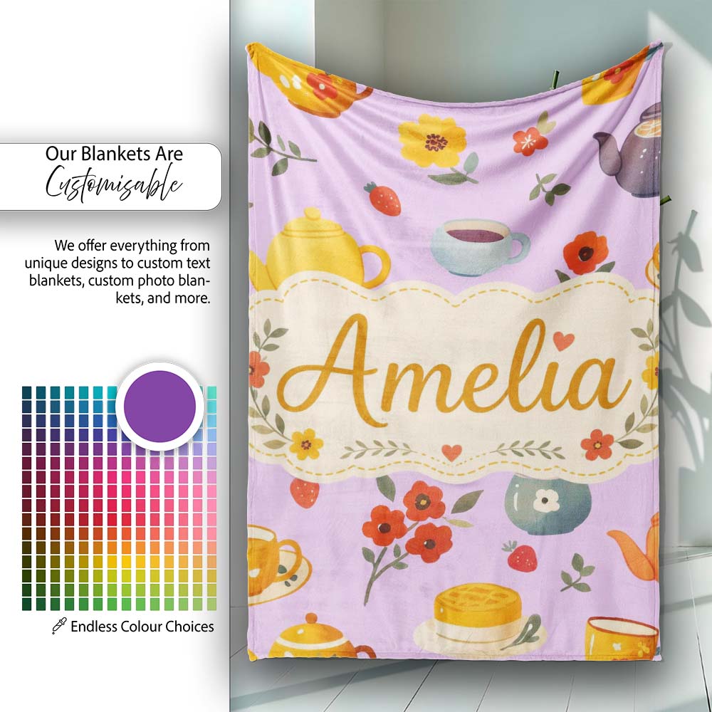 Cute Vintage Teapots Cups Flowers Lilac Background Seamless Pattern  Personalised Custom Name Super Soft Fleece Blanket Bed Sofa Throw