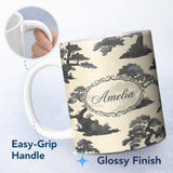 Personalized Custom Name Elegant Bonsai Trees on Neutral Background Pattern Asian Botanical 11oz Ceramic Coffee Tea Mug White Large Handle