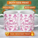 Personalized Custom Name Vintage Pink Ribbon Bow Stripe Elegant Seamless Pattern Lovely 11oz Ceramic Coffee Tea Mug White Large Handle